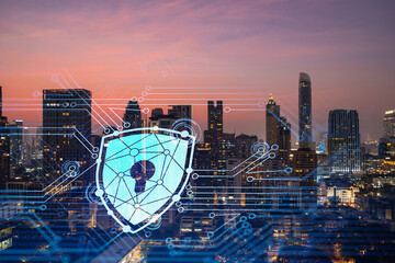Hologram of Padlock on sunset panoramic cityscape of Bangkok, Southeast Asia. The concept of cyber security intelligence. Multi exposure.