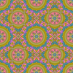 Abstract seamless mandala background. Texture in green and pink colors. Oriental pattern for design, fashion print, scrapbooking