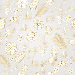 Gordijnen Seamless vector pattern with golden cones on a light gray background. © daudau992