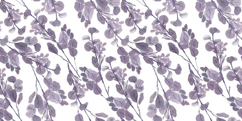 Watercolor hand painted seamless pattern with branch with blue leaves and eucalyptus branches for print, textile