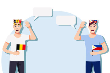 Men with Belgian and Philippine flags. Background for text. Communication between native speakers of Belgium and the Philippines. Vector illustration.