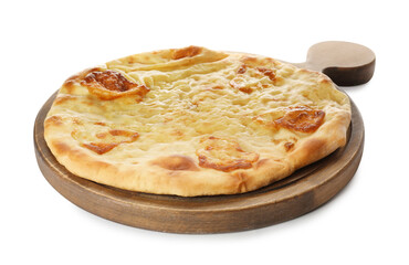 Delicious khachapuri with cheese on white background