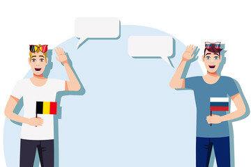 Men with Belgian and Russian flags. Background for the text. The concept of sports, political, education, travel and business relations between Belgium and Russia. Vector illustration.