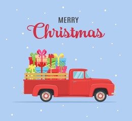 etro red pickup truck with christmas tree - obrazy, fototapety, plakaty