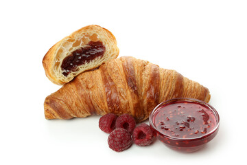 Croissants with raspberry jam isolated on white background
