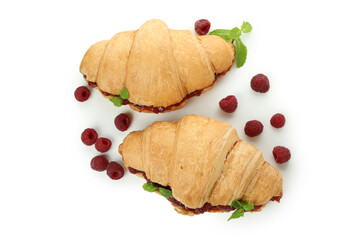 Croissants with raspberry jam isolated on white background