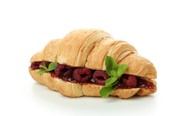 Croissant with raspberry jam, isolated on white background