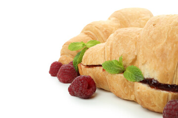 Croissants with raspberry jam isolated on white background