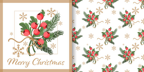 Christmas holiday season banner with Merry Christmas text and seamless pattern of holly berry and pine and fir branches with ribbons on white background with snowflakes. Vector illustration. - obrazy, fototapety, plakaty