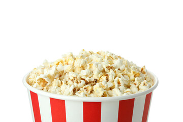 Striped paper cup with popcorn isolated on white background