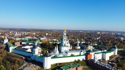 Sergiev Posad, Russia - 08 October 2021: Autumn view of the Holy Trinity Lavra of St. Sergius from a bird's eye view