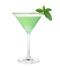 Delicious mint liqueur and fresh leaves isolated on white