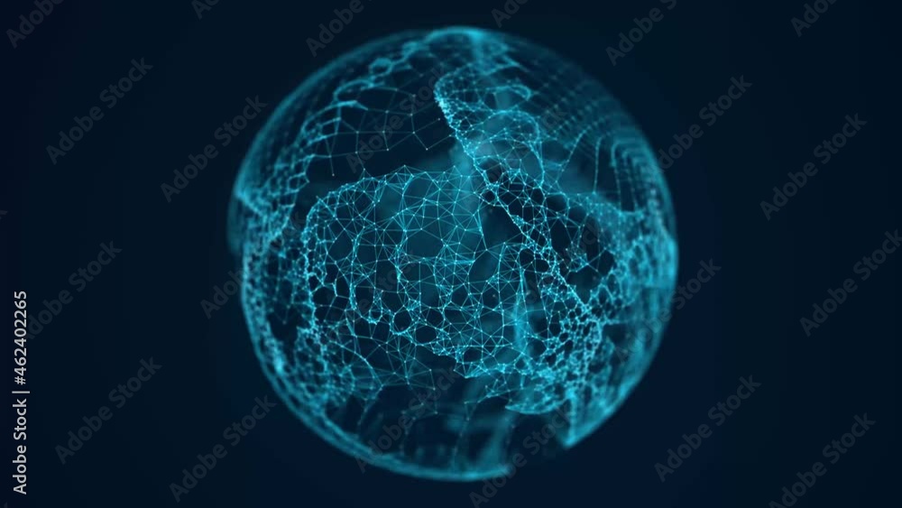 Fototapete Abstract 3D sphere of particles and lines. Network or connection. Ball or globe of points. Futuristic digital technology background. Illustration of sphere. Seamless loop. 3d rendering