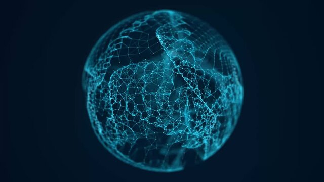 Abstract 3D sphere of particles and lines. Network or connection. Ball or globe of points. Futuristic digital technology background. Illustration of sphere. Seamless loop. 3d rendering