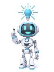 Cute blue robot with blue light bulb have an idea 3D