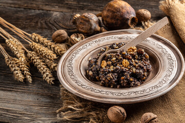 kutya traditional Slavic holiday ritual dish with wheat, poppy, walnuts and honey. Slavic holiday ritual dish. banner, menu, recipe place for text, top view