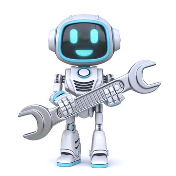 Cute blue robot holding wrench tool 3D