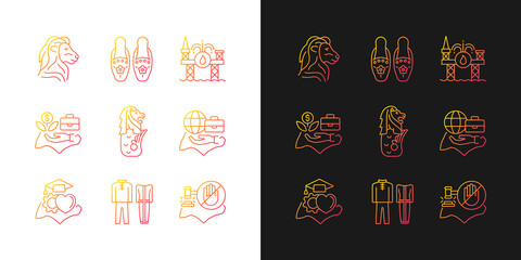Singapore national values gradient icons set for dark and light mode. Quality of living. Thin line contour symbols bundle. Isolated vector outline illustrations collection on black and white