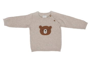 Top view of clothes for child boy isolated on a white background. A beautiful beige little child sweater or knitted cardigan. Autumn and winter fashion for kids.