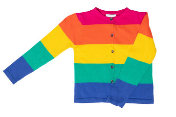 Boys clothes. A beautiful colorful striped little boy sweater or knitted cardigan isolated on a...