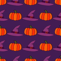 Bright seamless illustration with pumpkins and hats. Halloween. Vector drawing.