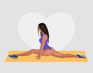 A young girl in sportswear is doing splits or stretching. Vector illustration.