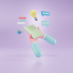 hand holding book. Back to school concept. learning and online education. 3D Illustration