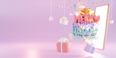 Shopping Online with Smartphone. Digital marketing, Christmas gift box, balls, social advertising, 3d illustration.