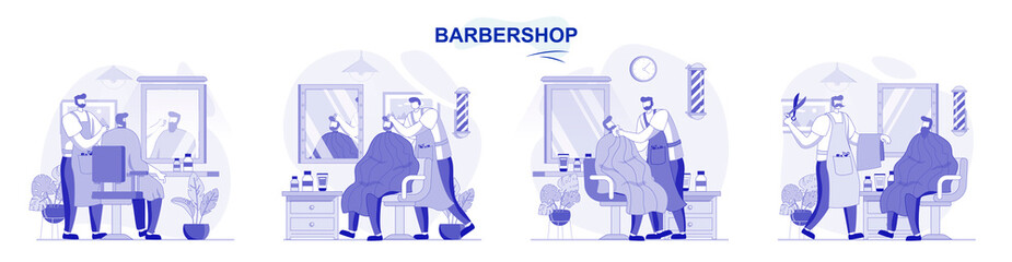Barbershop isolated set in flat design. People get haircuts or shave beard, hairdresser does styling collection of scenes. Vector illustration for blogging, website, mobile app, promotional materials.