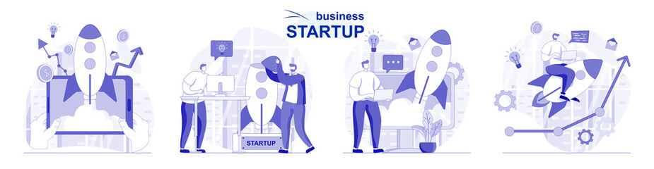 Business startup isolated set in flat design. People launch new project, develop success strategy collection of scenes. Vector illustration for blogging, website, mobile app, promotional materials.