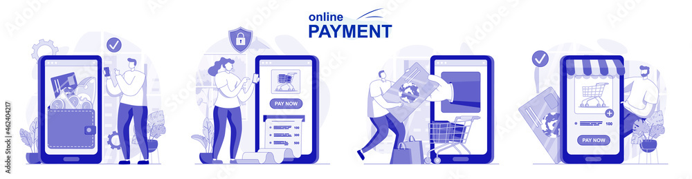 Poster online payment isolated set in flat design. people making banking transactions using applications, c