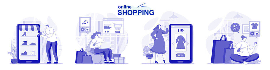 Online shopping isolated set in flat design. People choose clothes and pay for purchases on site, collection of scenes. Vector illustration for blogging, website, mobile app, promotional materials.