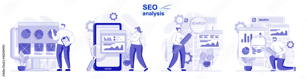 Aufkleber seo analysis isolated set in flat design. people analyzing site data, optimization, develop strategy