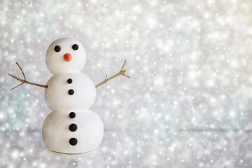 Cute 3d snowman figure on winter frozen background with snowflakes. Mockup, artificial scene, greeting card, merry christmas, seasonal background. Winter snowing.
