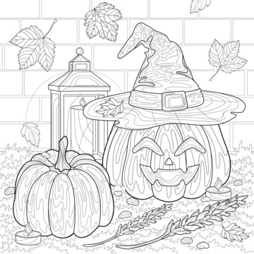 One evil pumpkin with witches hat  and simple, ears of wheat, seeds, fallen leaves, grass. Brick wall and lantern. Halloween isolated illustration. For coloring book pages.