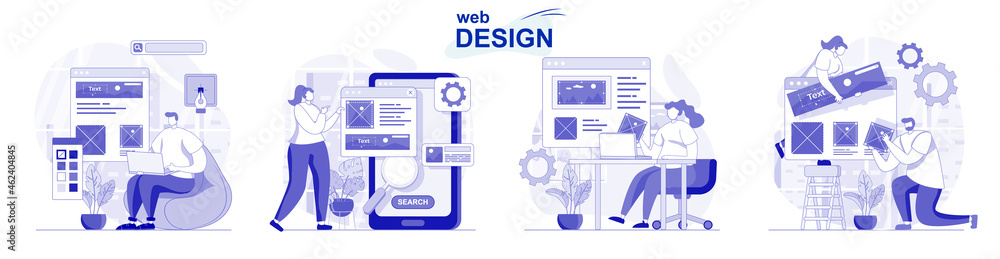 Aufkleber web design isolated set in flat design. people create and place graphic elements at site layout, col