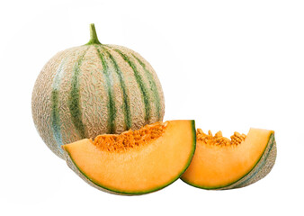 Whole and sliced cantaloupe melon isolated on a white background.
