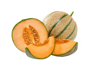 whole and half cantaloupe melon isolated on the white background.