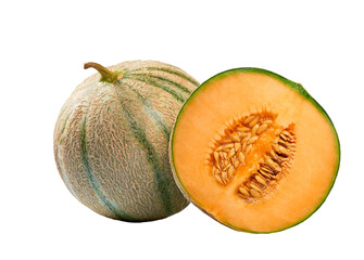 whole and half cantaloupe melon isolated on the white background.