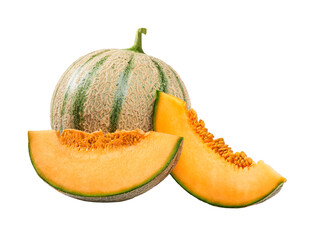 Whole and sliced cantaloupe melon isolated on a white background.