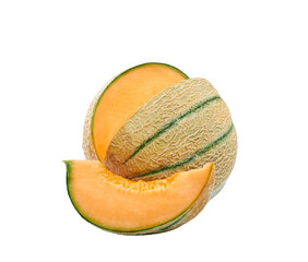 cut orange melon or cantaloupe melon isolated on white background.