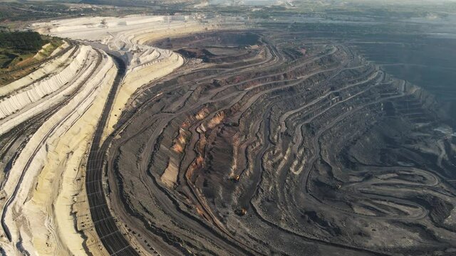 drone moves along the iron ore quarry