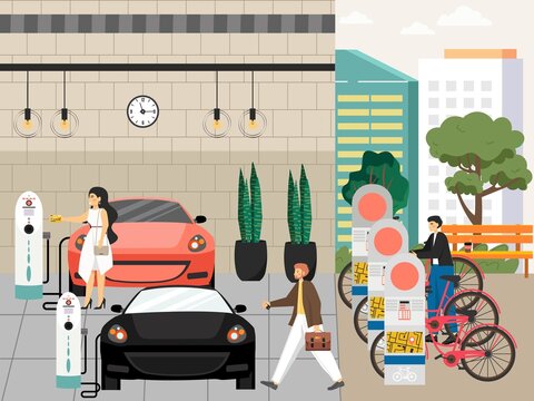 People charging cars, electric vehicle charging station, vector illustration. Ev charger, bicycle parking. Eco transport