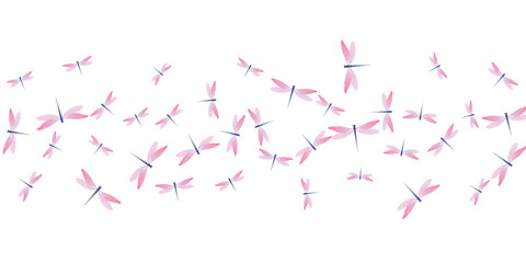 Tropical rosy pink dragonfly flat vector wallpaper. Summer beautiful damselflies. Detailed dragonfly flat dreamy background. Tender wings insects graphic design. Fragile creatures