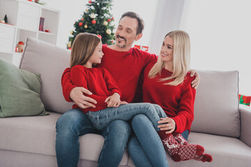 Portrait of attractive cheerful family wife husband sitting on sofa spending festal vacation newyear at light home indoors