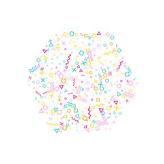 Memphis style geometric confetti background with triangle, circle, square, zigzag and wavy line