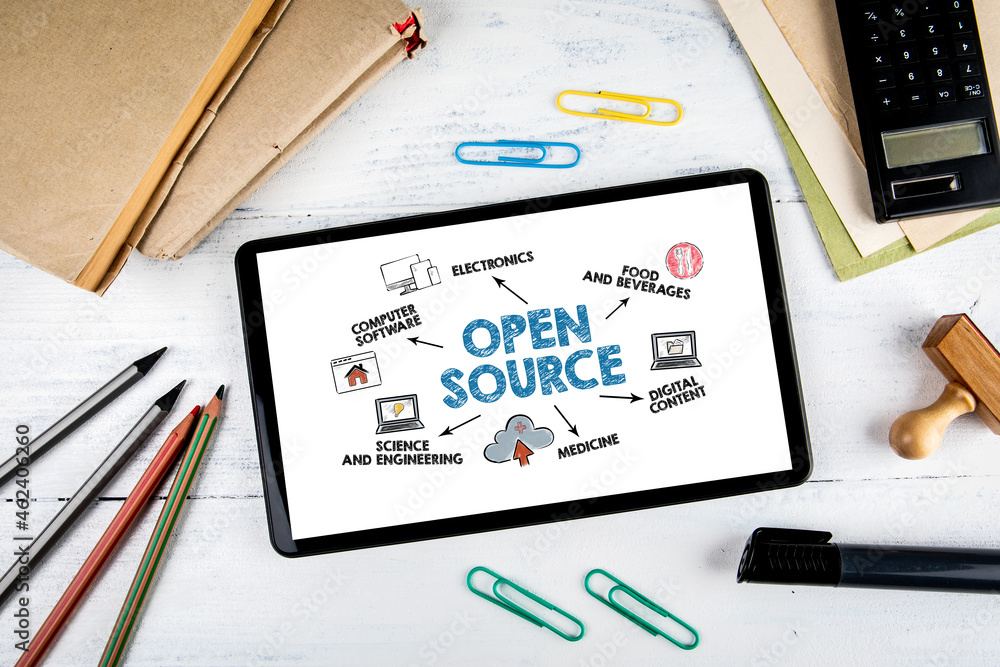 Sticker open source concept. tablet computer on office desk