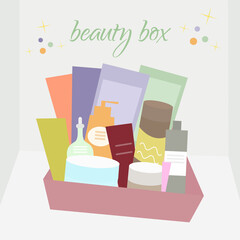Beauty box. Cream, tonic, cosmetics,face mask, facial care. Vector illustration in flat style can be used for banners, websites, background
