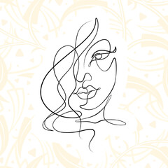 International Women's Day minimal design line drawing style. Portrait of young woman beauty face isolated on pastel leaf background. Vector for Spa, fashion, hairdressing and beautiful artwork design.