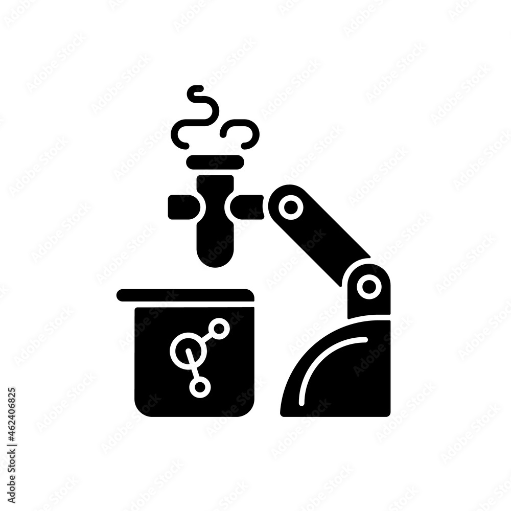 Poster robotic lab assistance black glyph icon. automated laboratory assistant. lab automation solution. pe